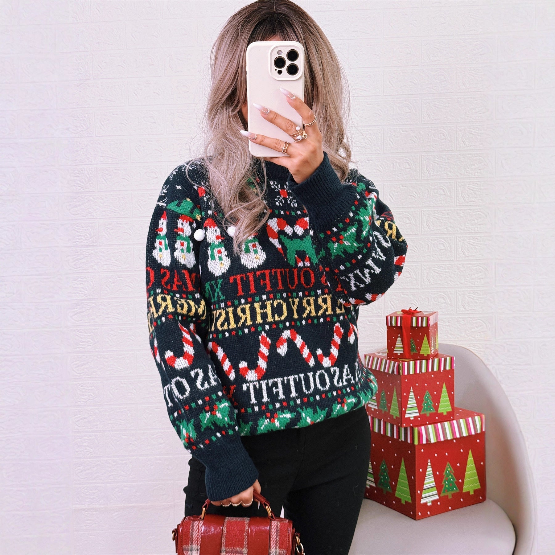 Color blocking knitted top round neck casual retro loose long sleeved sweater for women