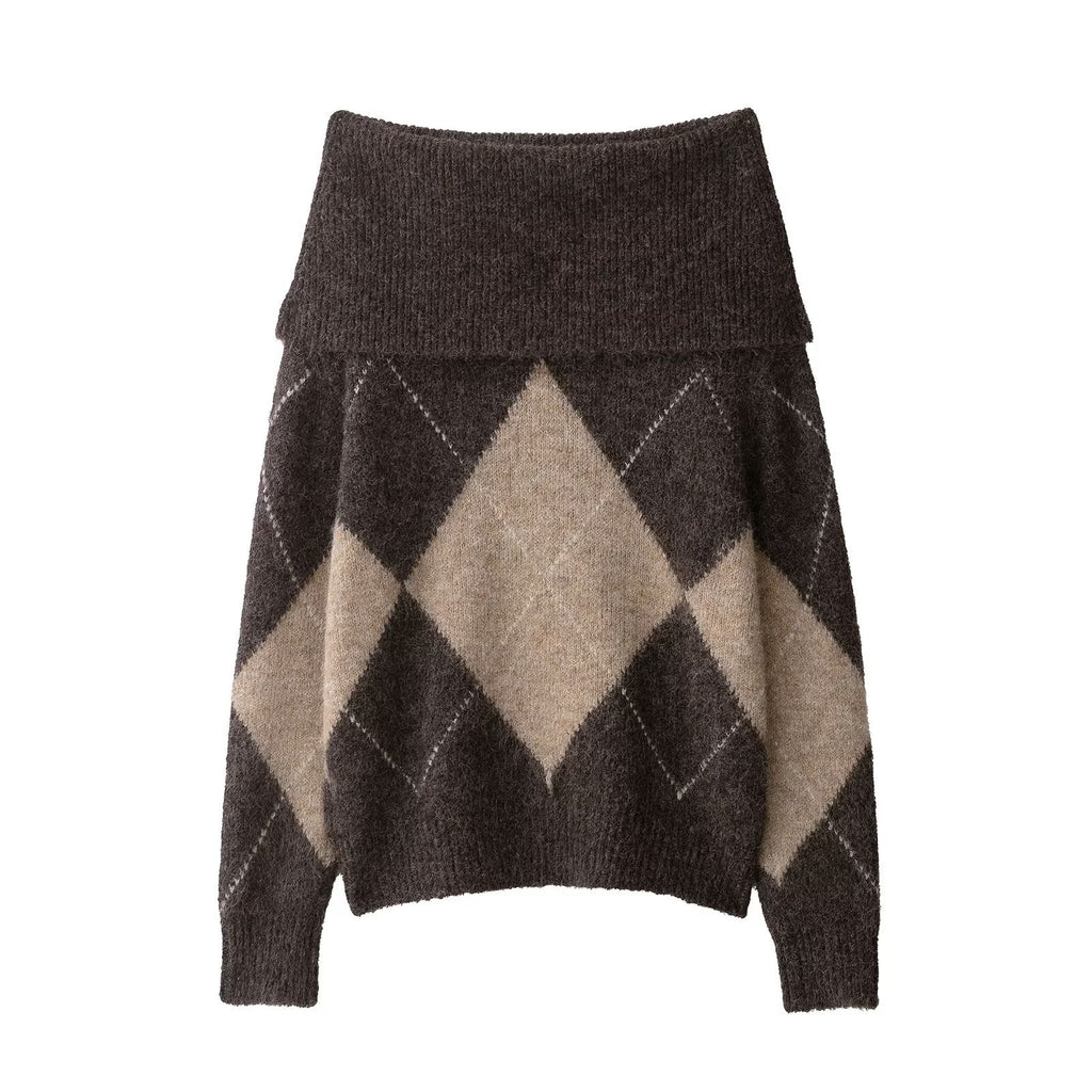 One collar long sleeved collar plaid versatile knitted sweater for women