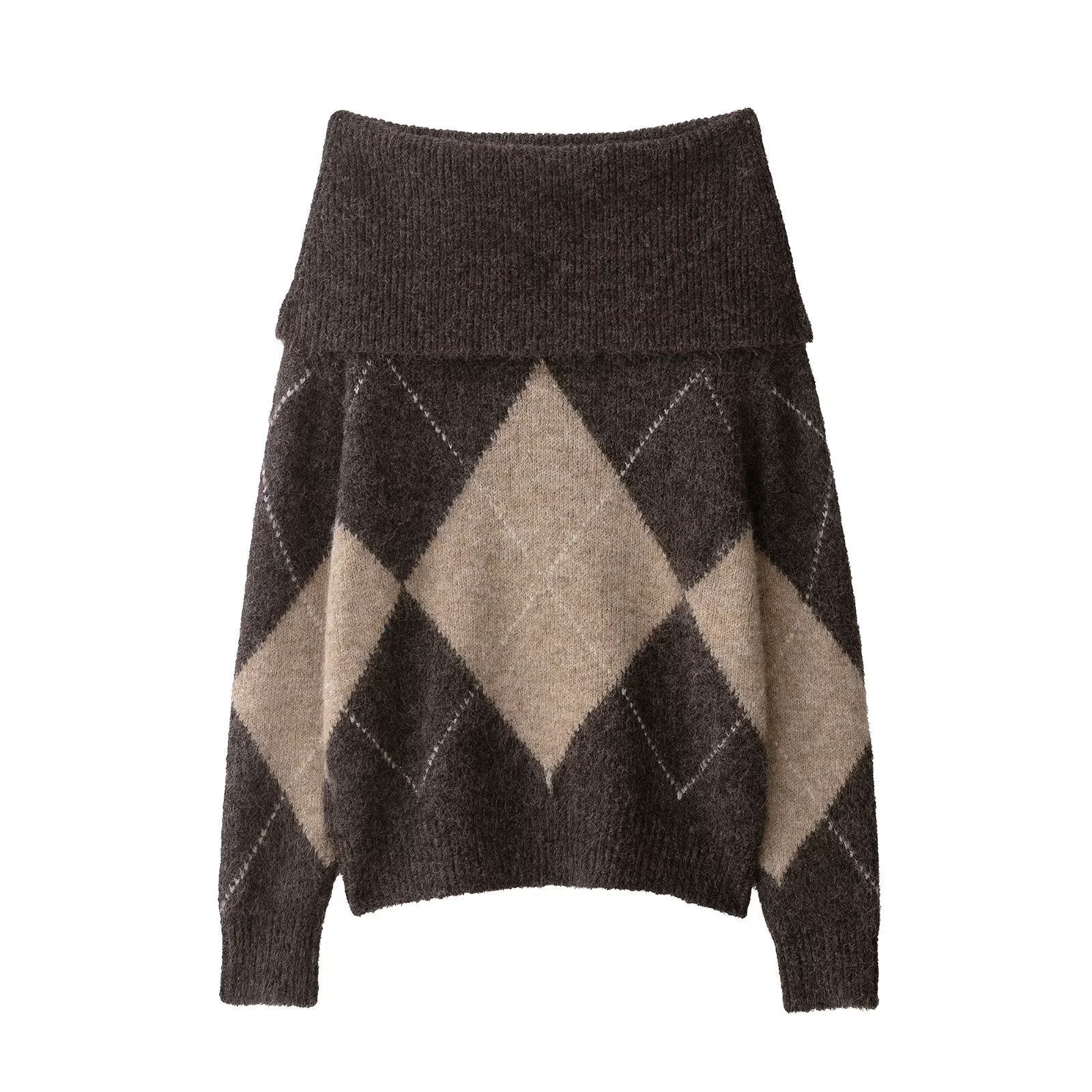 One collar long sleeved collar plaid versatile knitted sweater for women