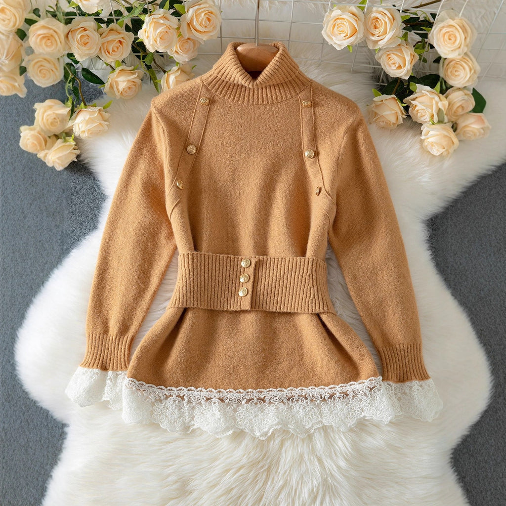 Lapel Warm Women's Sweater Elegant Lace Splicing Waistband Knitted Top