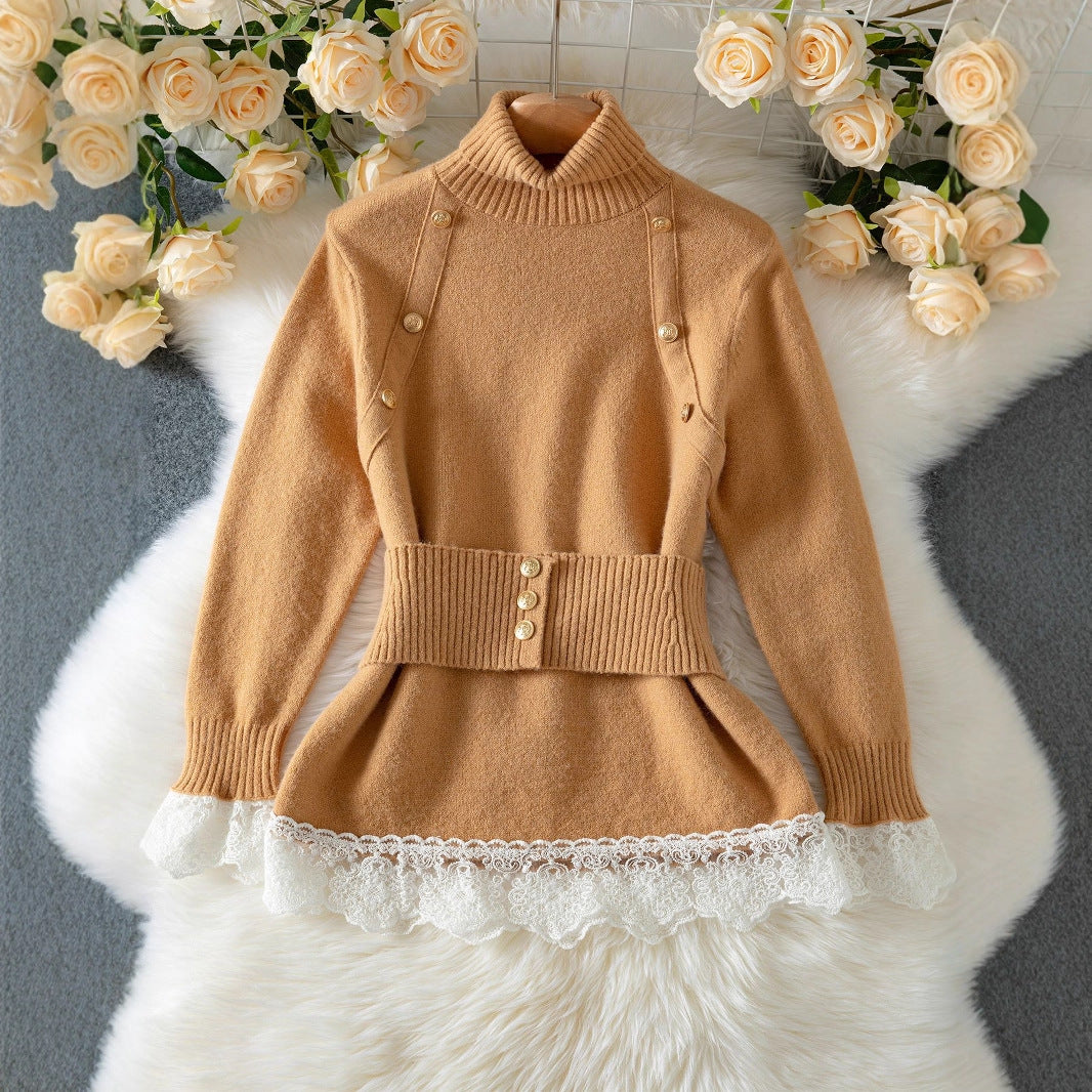 Lapel Warm Women's Sweater Elegant Lace Splicing Waistband Knitted Top