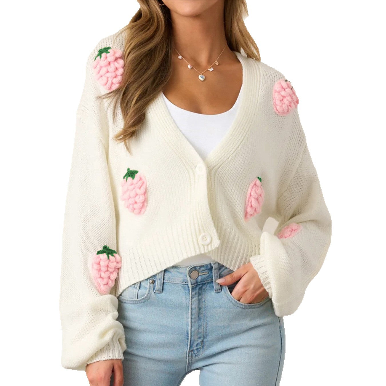 Women's Sweater Cardigan with Strawberry Pattern, Long Sleeve Knitted Top with Buttons