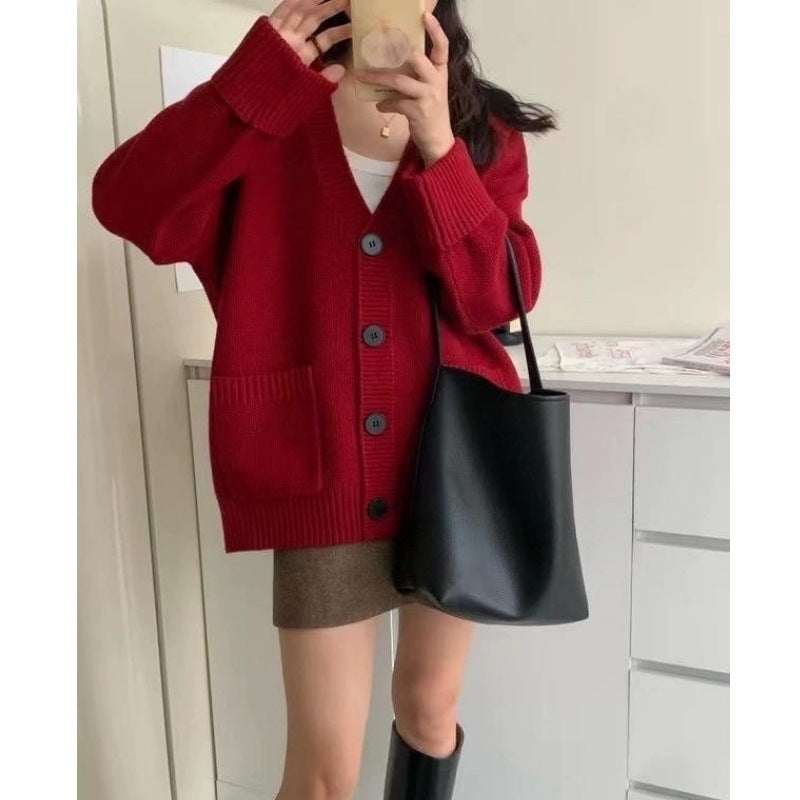 Retro Knitted Cardigan Women's Version Loose Slim Cuffed Sleeve Applique Pocket Soft Sweater Jacket