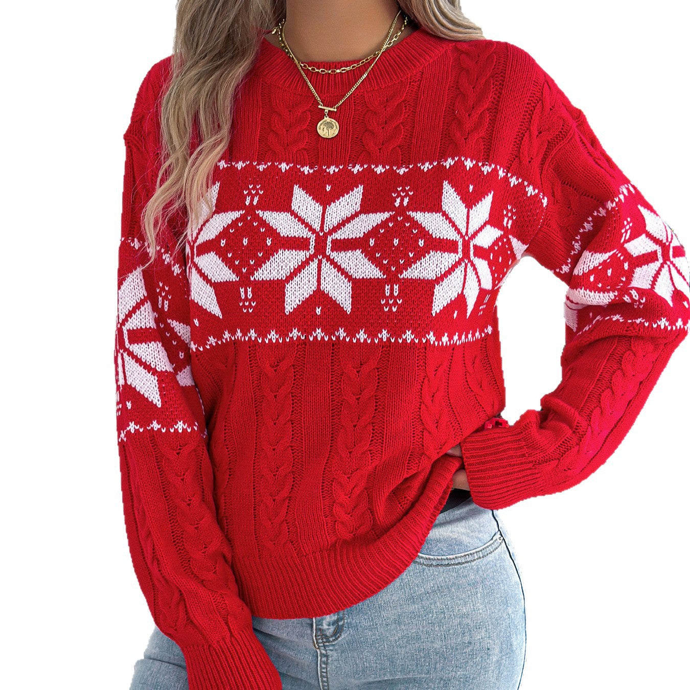 Snowflake patterned lantern long sleeved pullover sweater