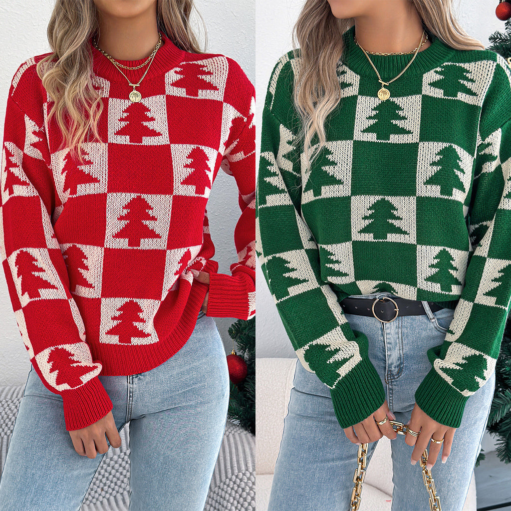 Christmas tree checkered lantern long sleeved pullover sweater