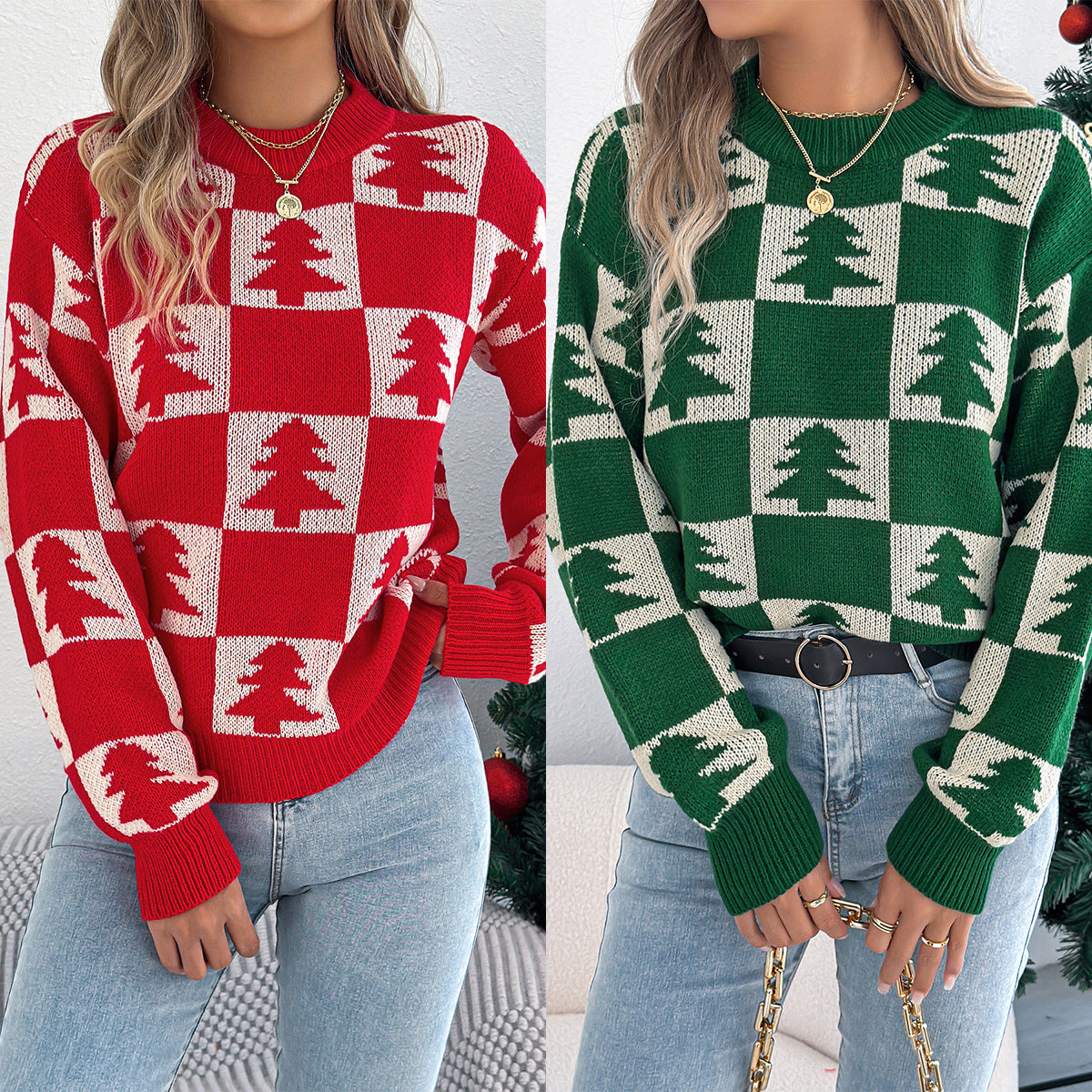 Christmas tree checkered lantern long sleeved pullover sweater