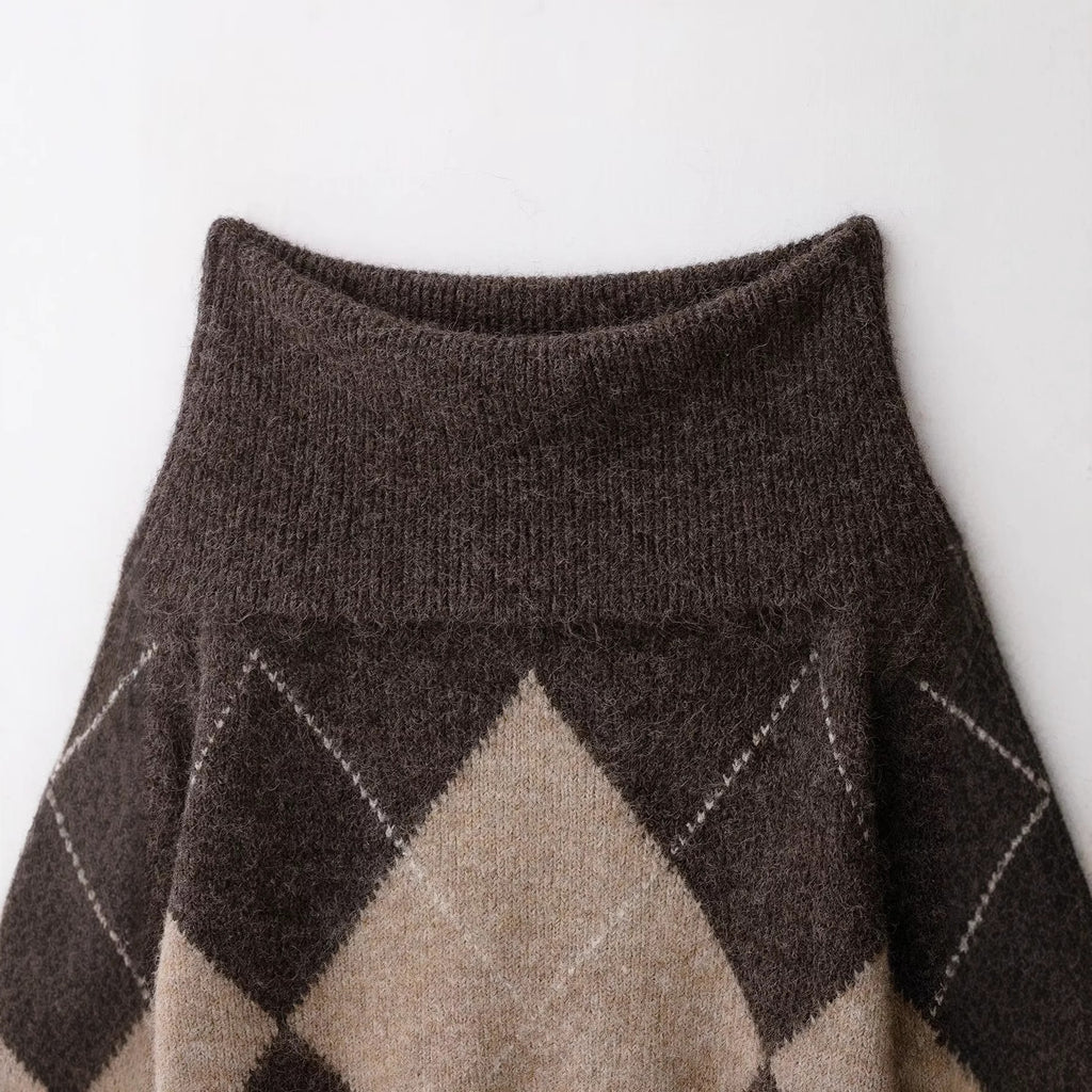 One collar long sleeved collar plaid versatile knitted sweater for women