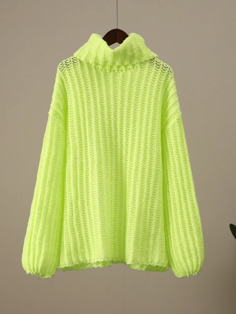 High Neck Crochet Knitted Pullover Women Thicken Solid Jumper Sweaters
