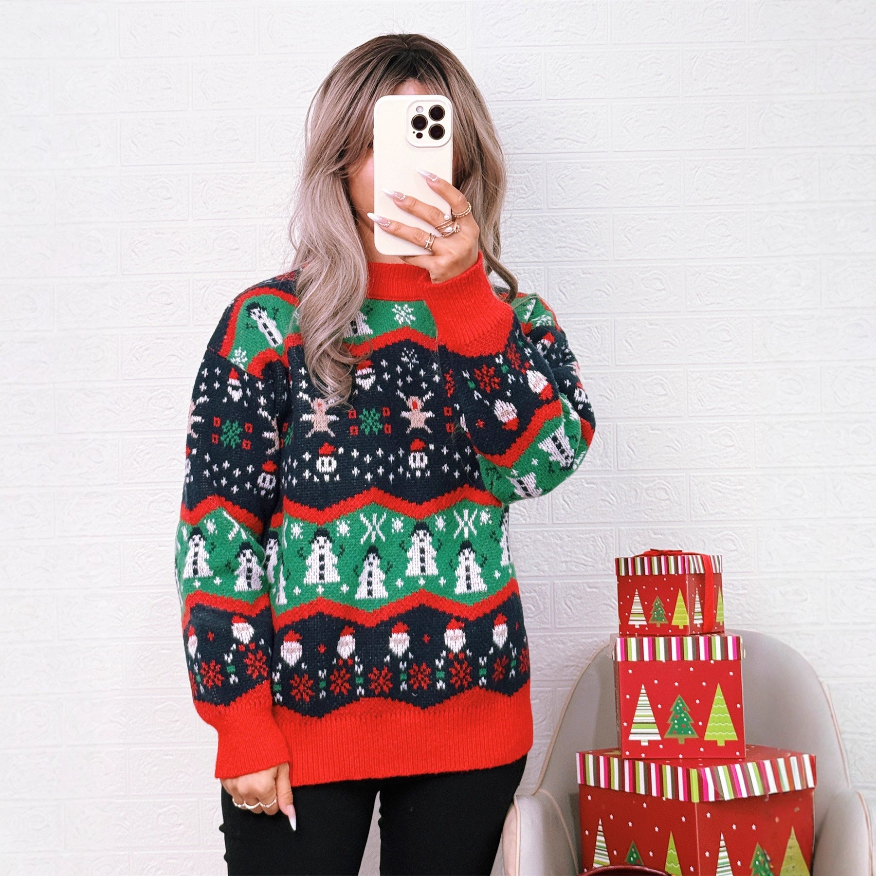 Round neck retro knitted warm and loose women's sweater