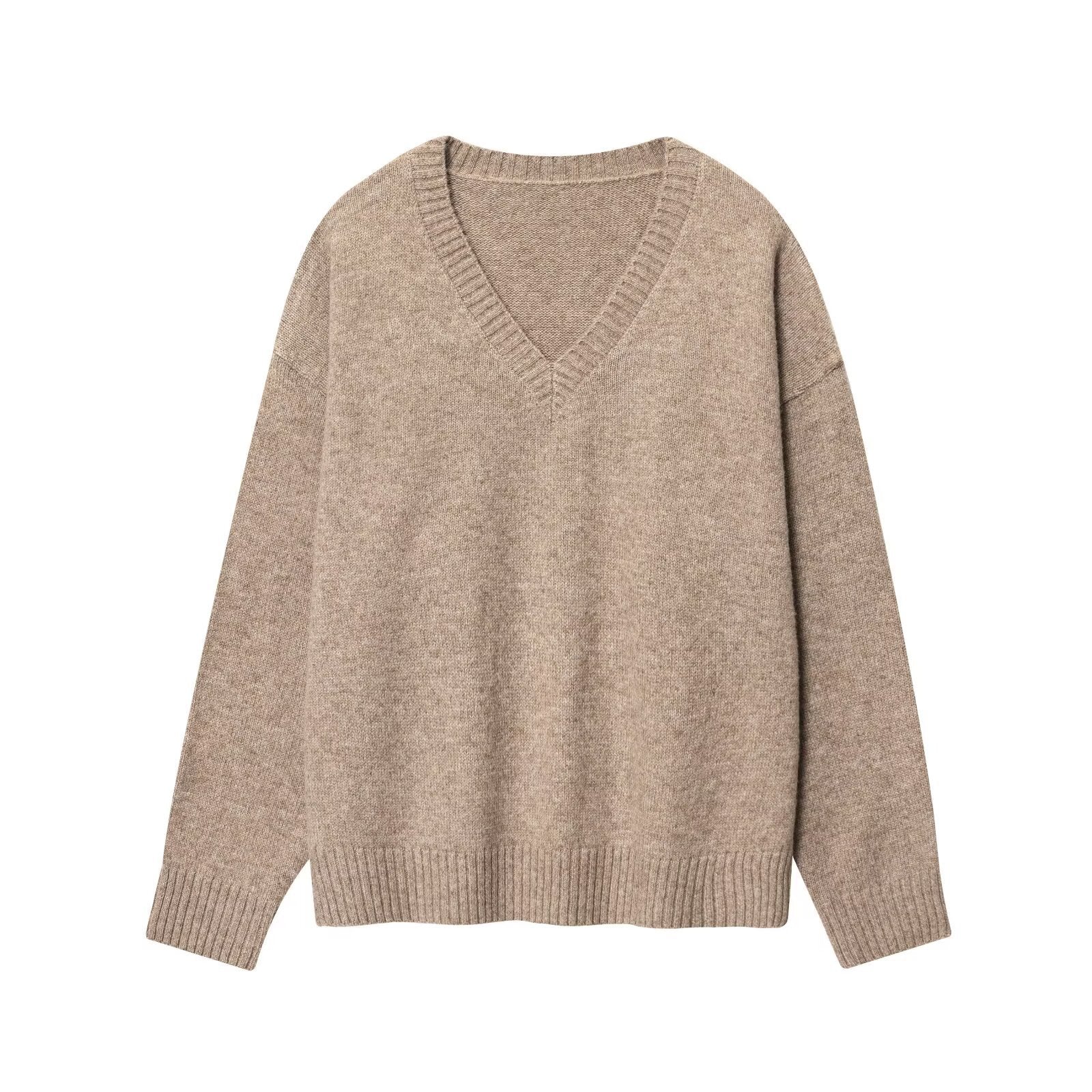 V-neck long sleeved solid color pullover knitted sweater for women