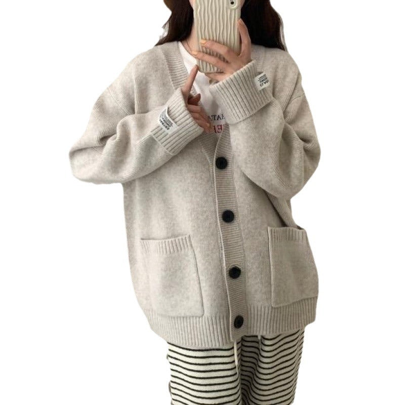 Retro Knitted Cardigan Women's Version Loose Slim Cuffed Sleeve Applique Pocket Soft Sweater Jacket