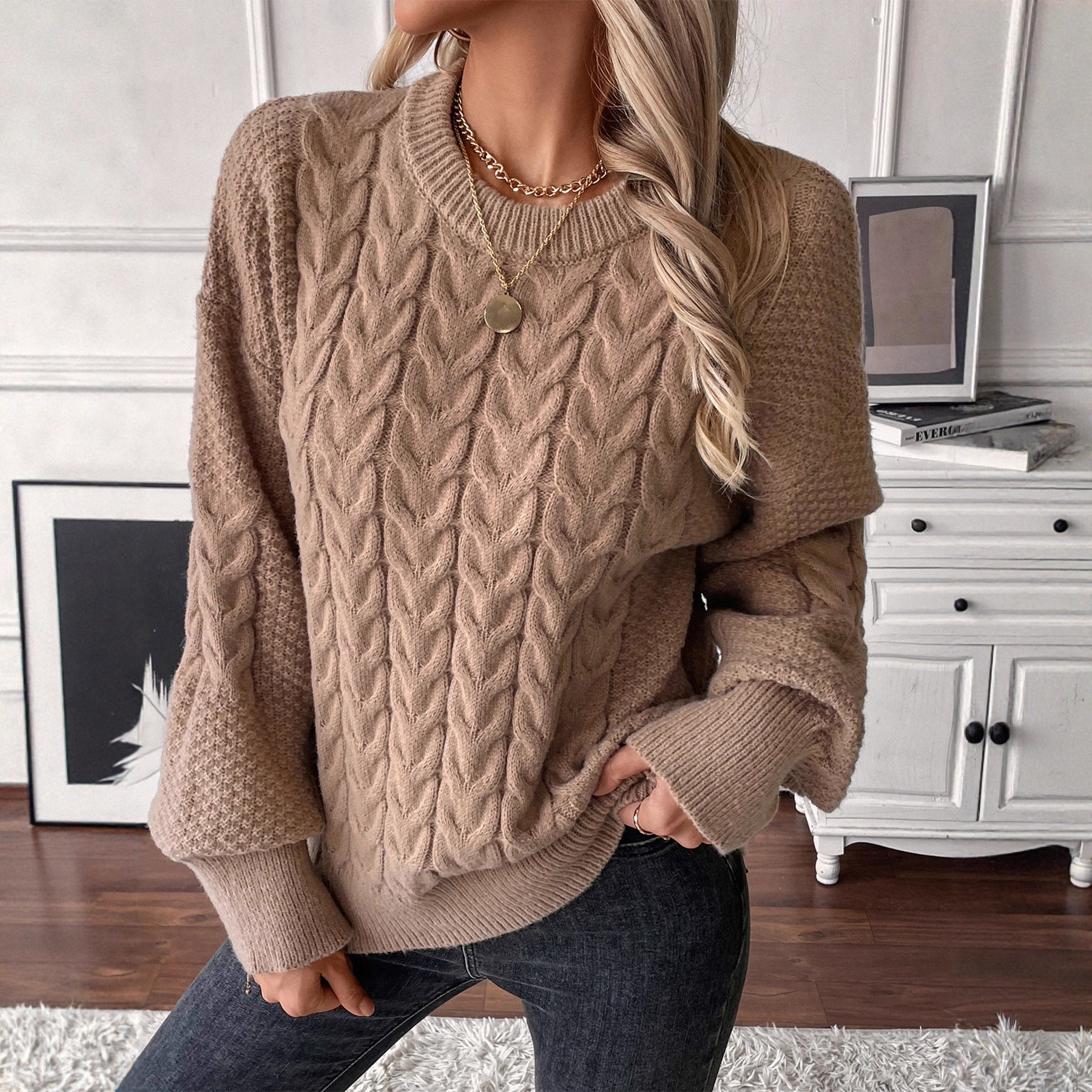Oversized Knit Sweater Women's Loose Fit Crew Neck Solid Color Cable Knit Casual Outerwear Pullover