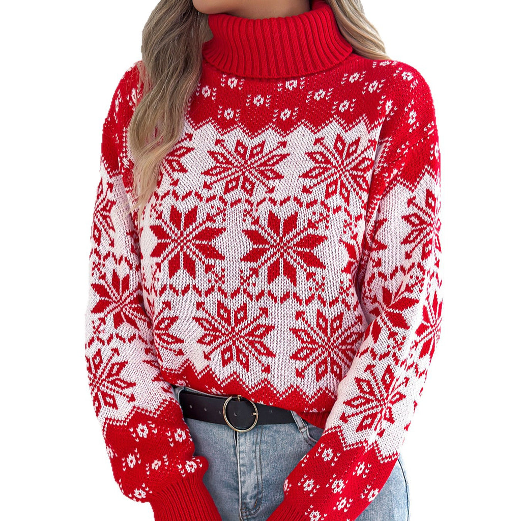 Snowflake patterned lantern long sleeved high necked pullover sweater
