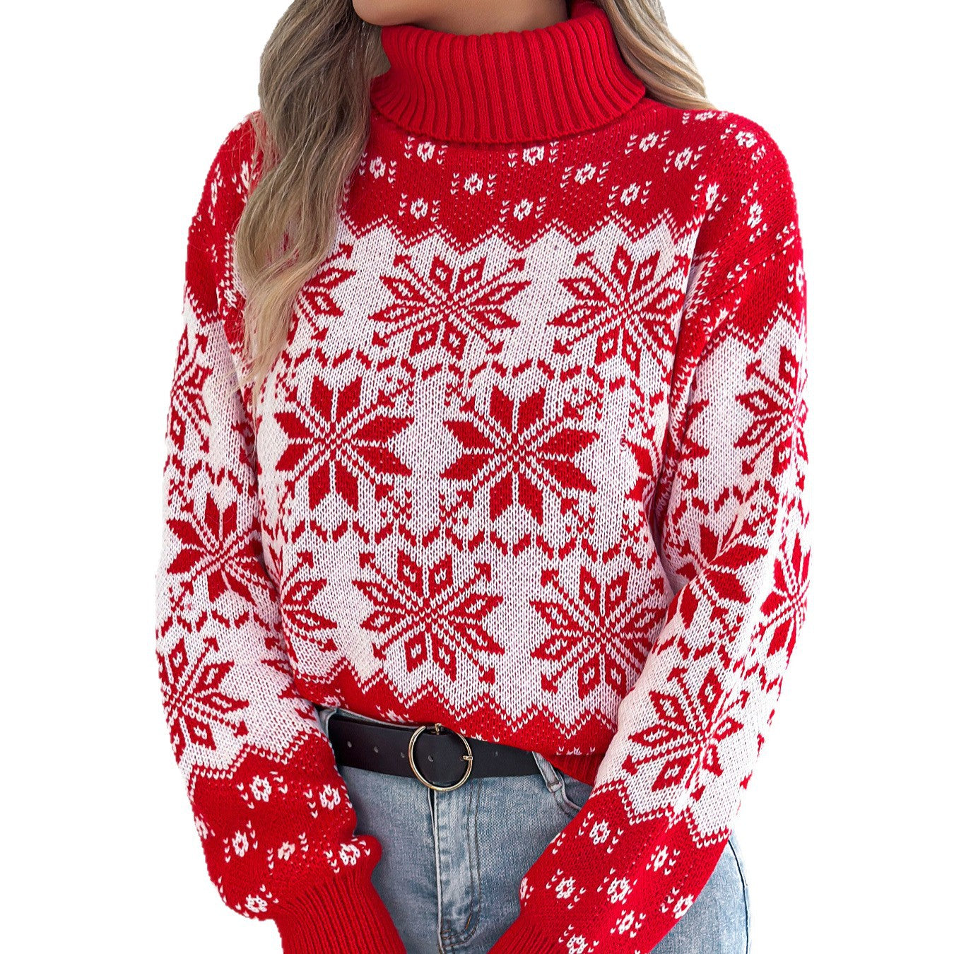 Snowflake patterned lantern long sleeved high necked pullover sweater