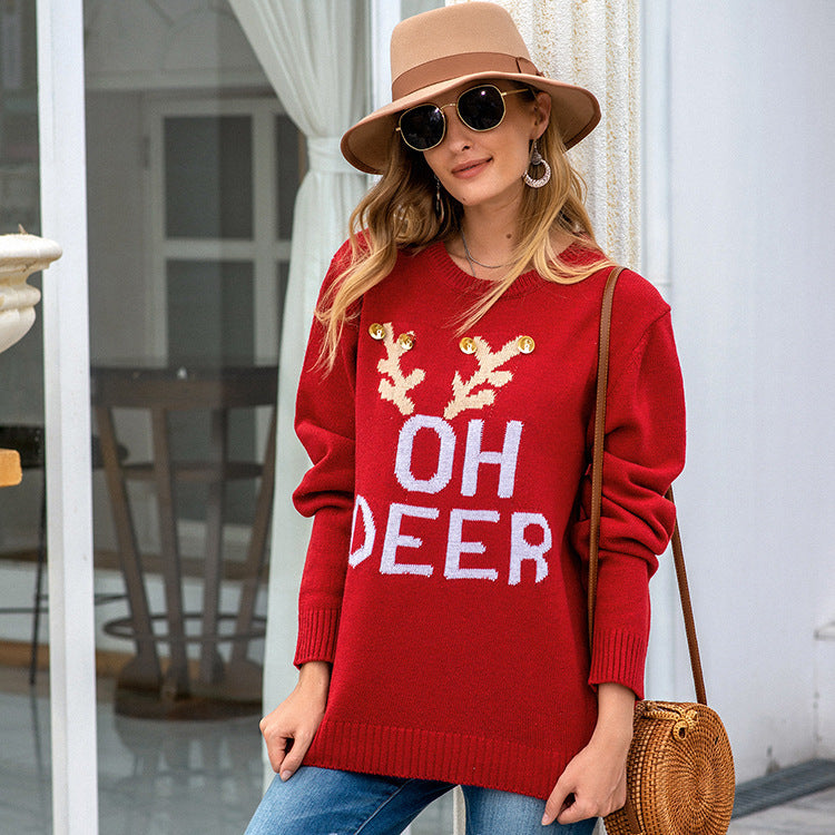 Knitted letter bell round neck Christmas casual sweater