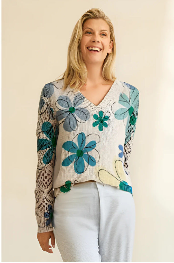 Printed sweater elegant bohemian floral V-neck long sleeved top