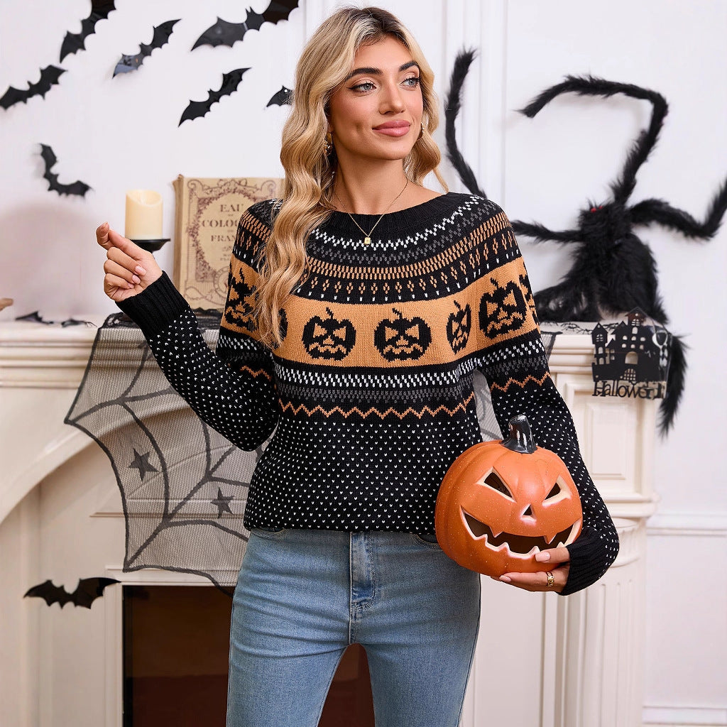 Halloween pumpkin embroidery retro polka dot long sleeved knitted sweater for women