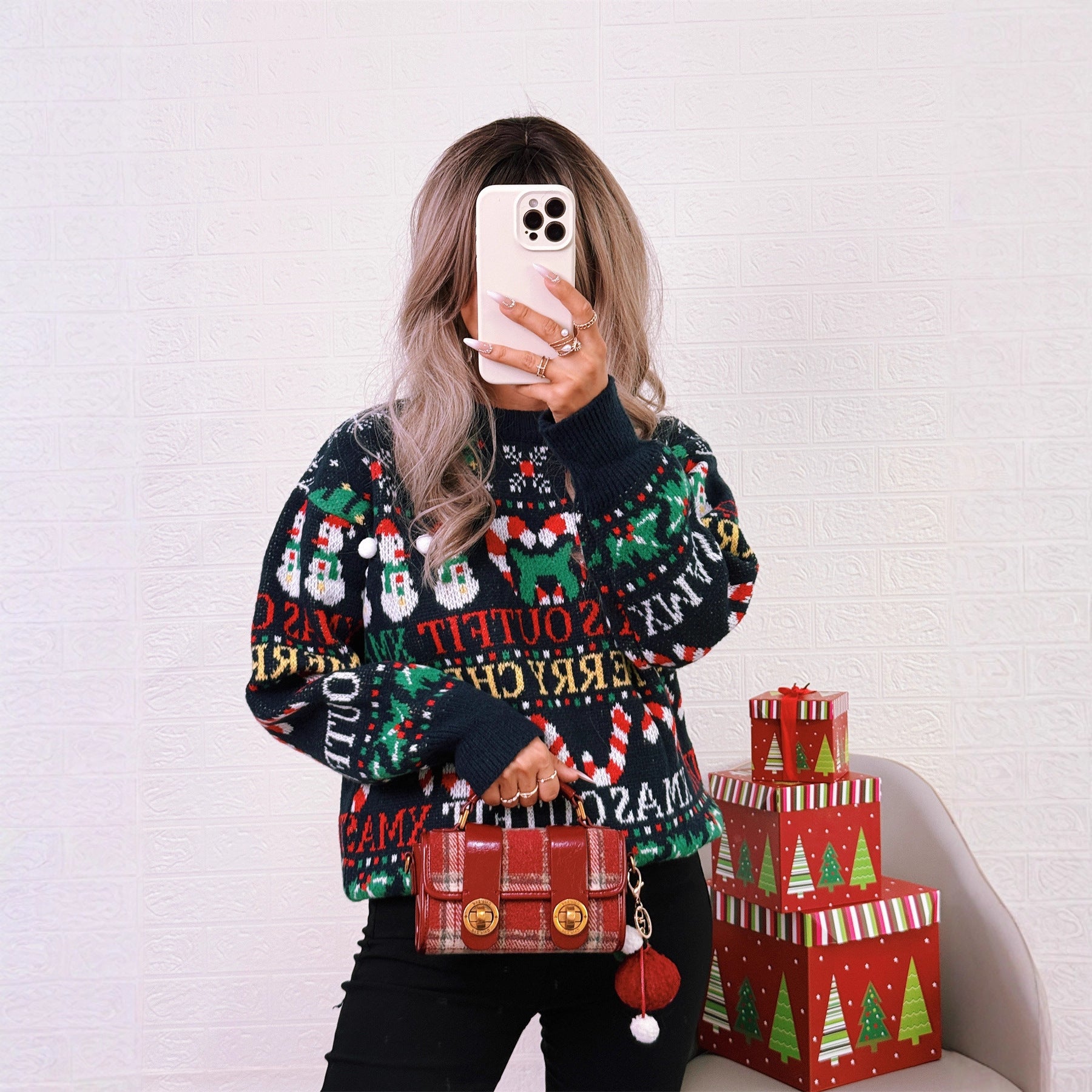 Color blocking knitted top round neck casual retro loose long sleeved sweater for women