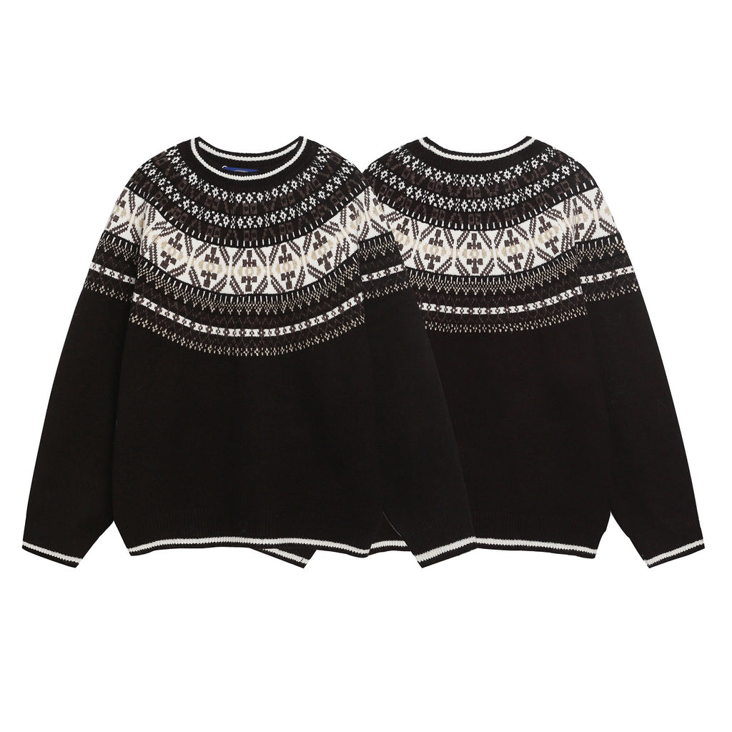 Retro Ethnic Style Jacquard Crew Neck Sweater Unisex Versatile Design Knitted Top