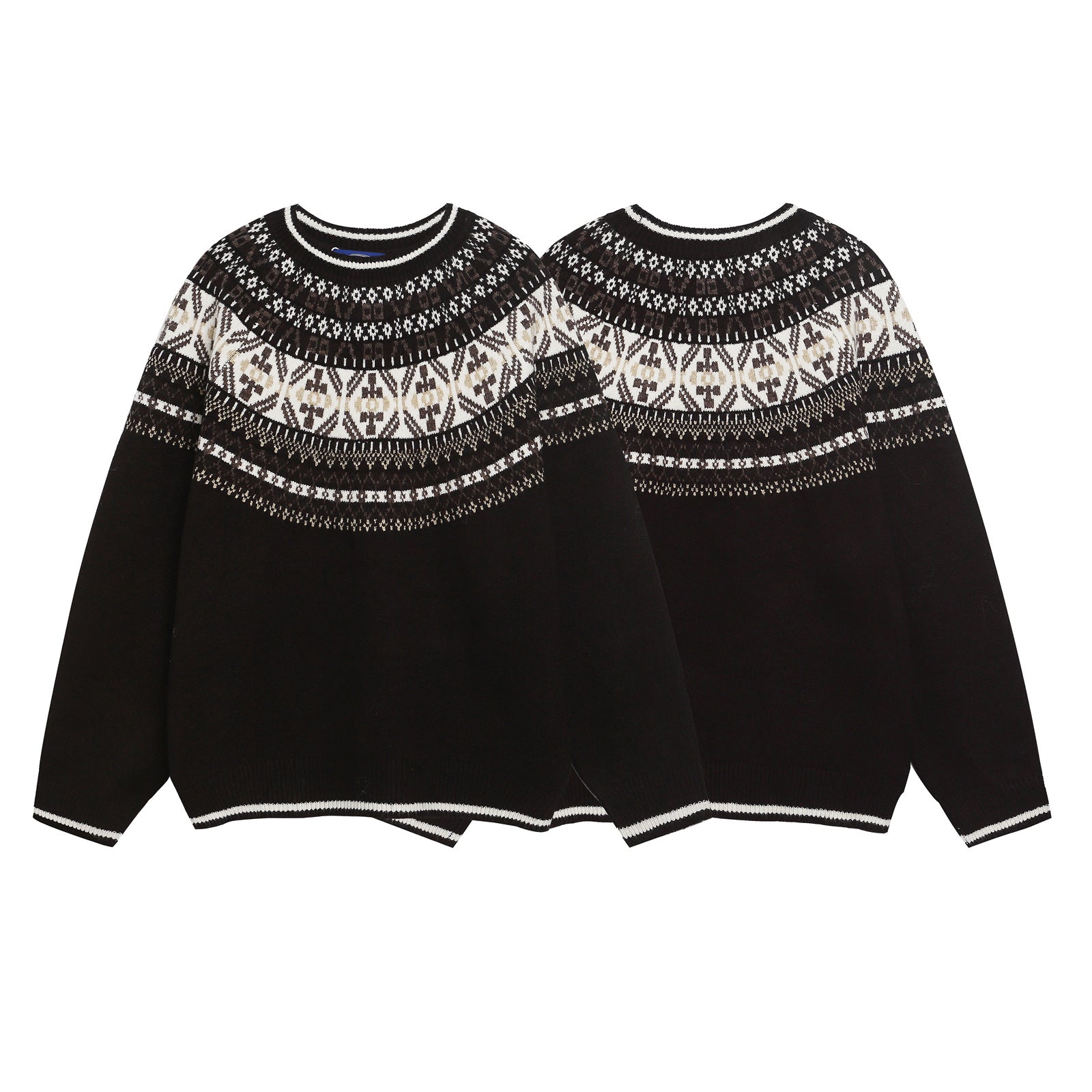Retro Ethnic Style Jacquard Crew Neck Sweater Unisex Versatile Design Knitted Top