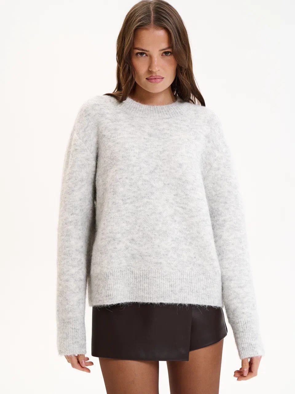 Lazy Style Short Grey Crew Neck Sweater Women Loose Long Alpaca Wool Knitted Sweater