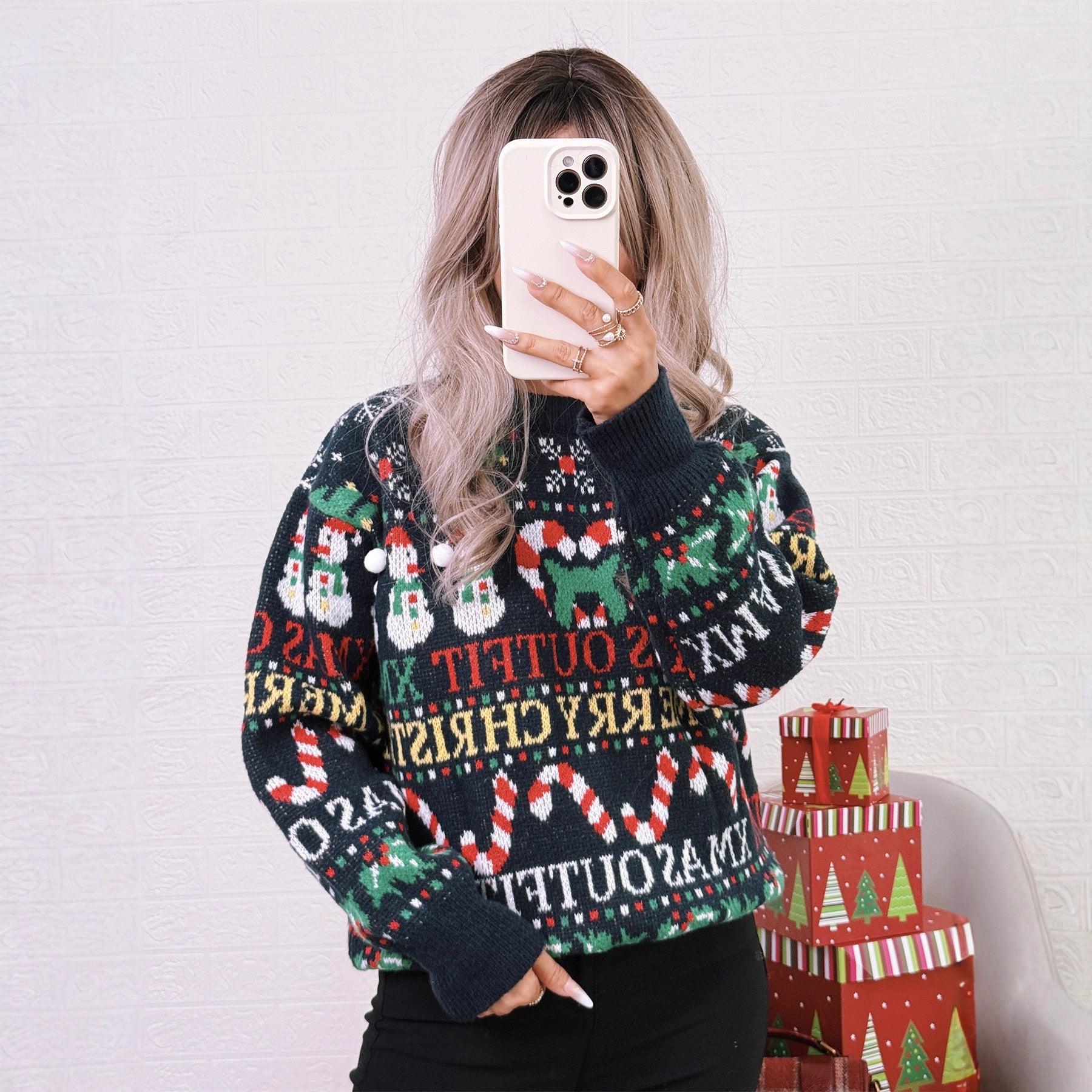 Color blocking knitted top round neck casual retro loose long sleeved sweater for women