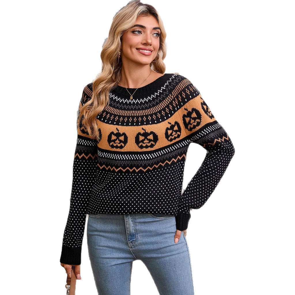 Halloween pumpkin embroidery retro polka dot long sleeved knitted sweater for women