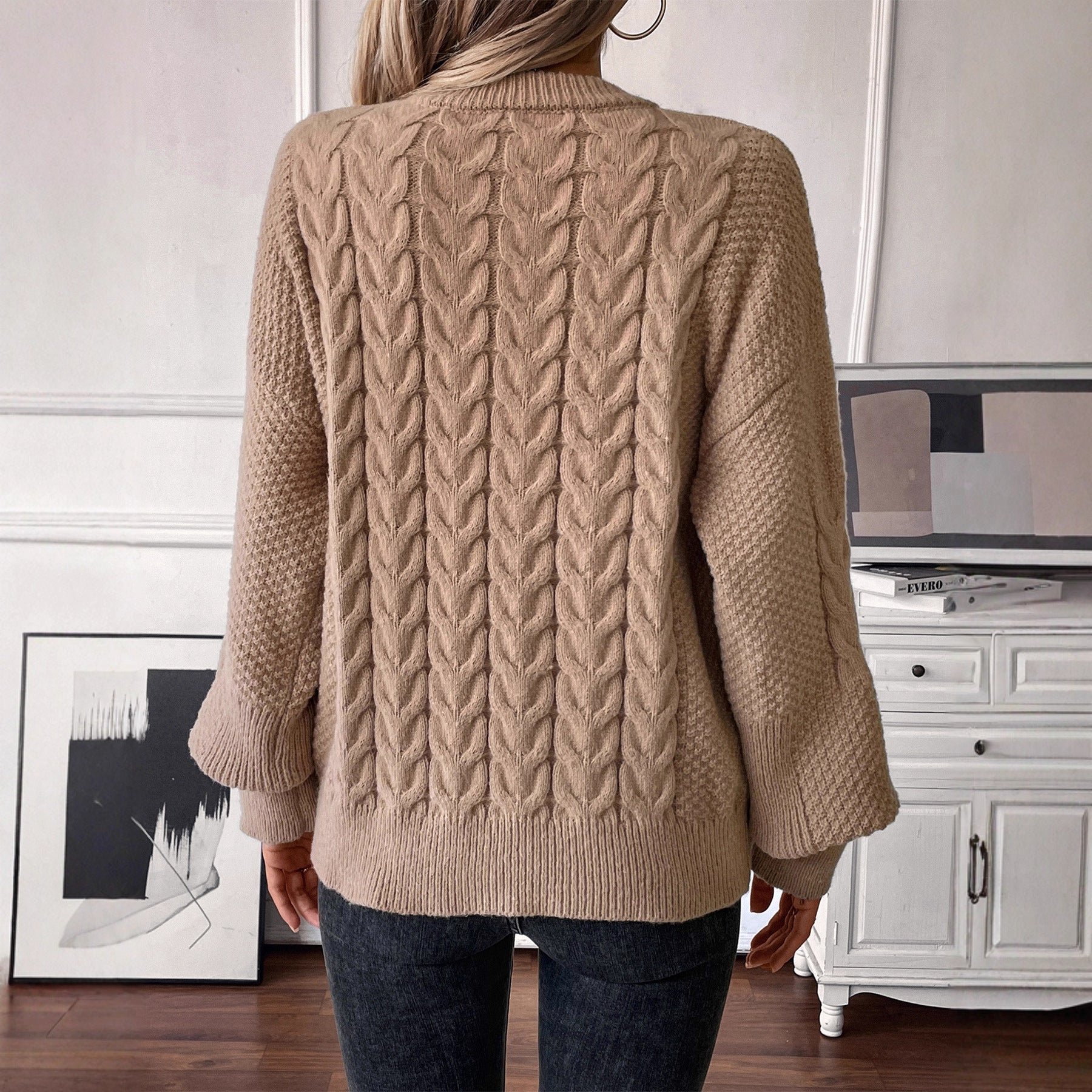 Oversized Knit Sweater Women's Loose Fit Crew Neck Solid Color Cable Knit Casual Outerwear Pullover