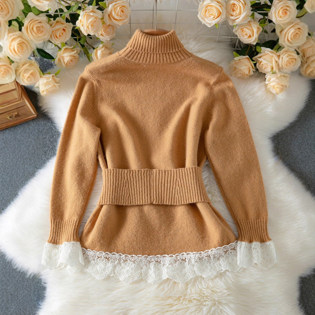 Lapel Warm Women's Sweater Elegant Lace Splicing Waistband Knitted Top