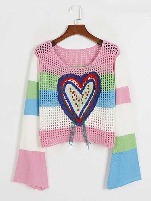 Hit Color Striped Knitting Sweaters For Women Round Neck Long Sleeve Hollow Out Chic Sweater Female Clothing
