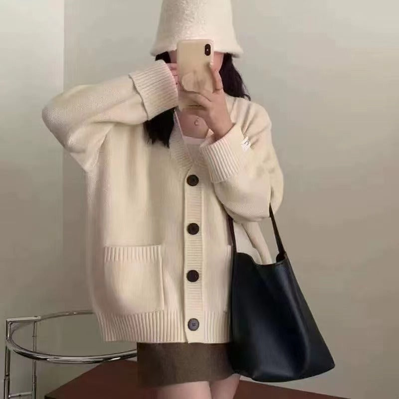 Retro Knitted Cardigan Women's Version Loose Slim Cuffed Sleeve Applique Pocket Soft Sweater Jacket