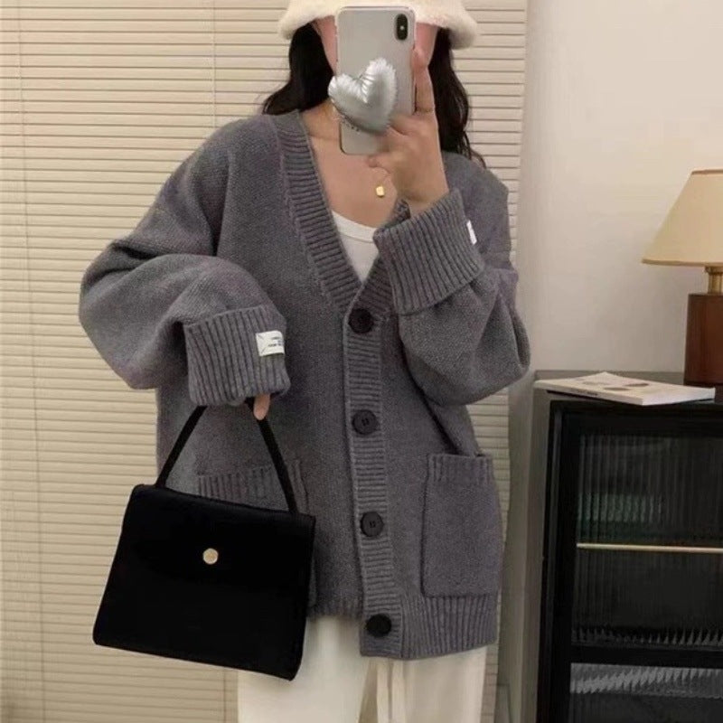Retro Knitted Cardigan Women's Version Loose Slim Cuffed Sleeve Applique Pocket Soft Sweater Jacket