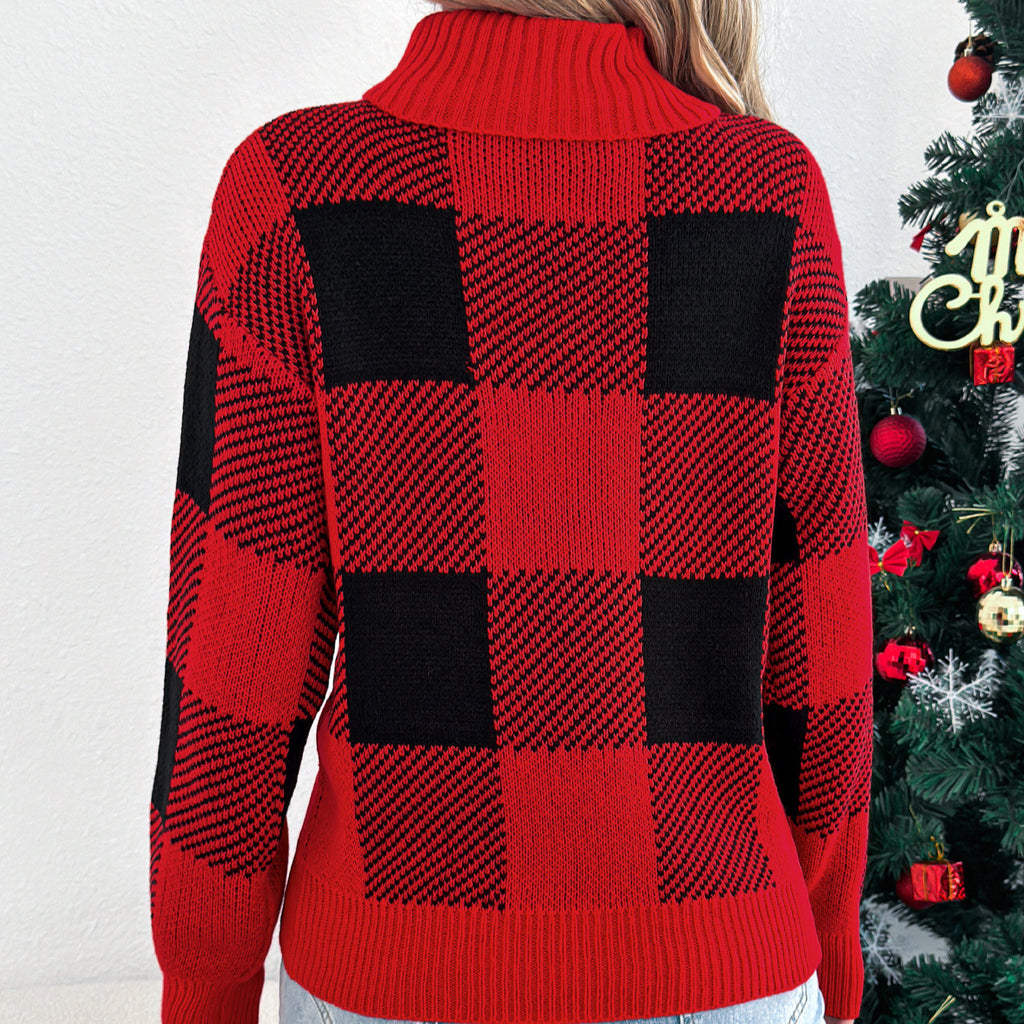 Casual color blocking checkered lantern long sleeved high necked sweater