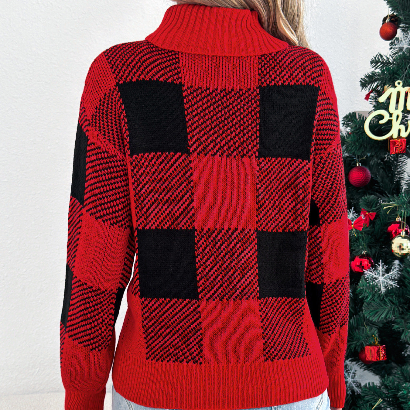 Casual color blocking checkered lantern long sleeved high necked sweater