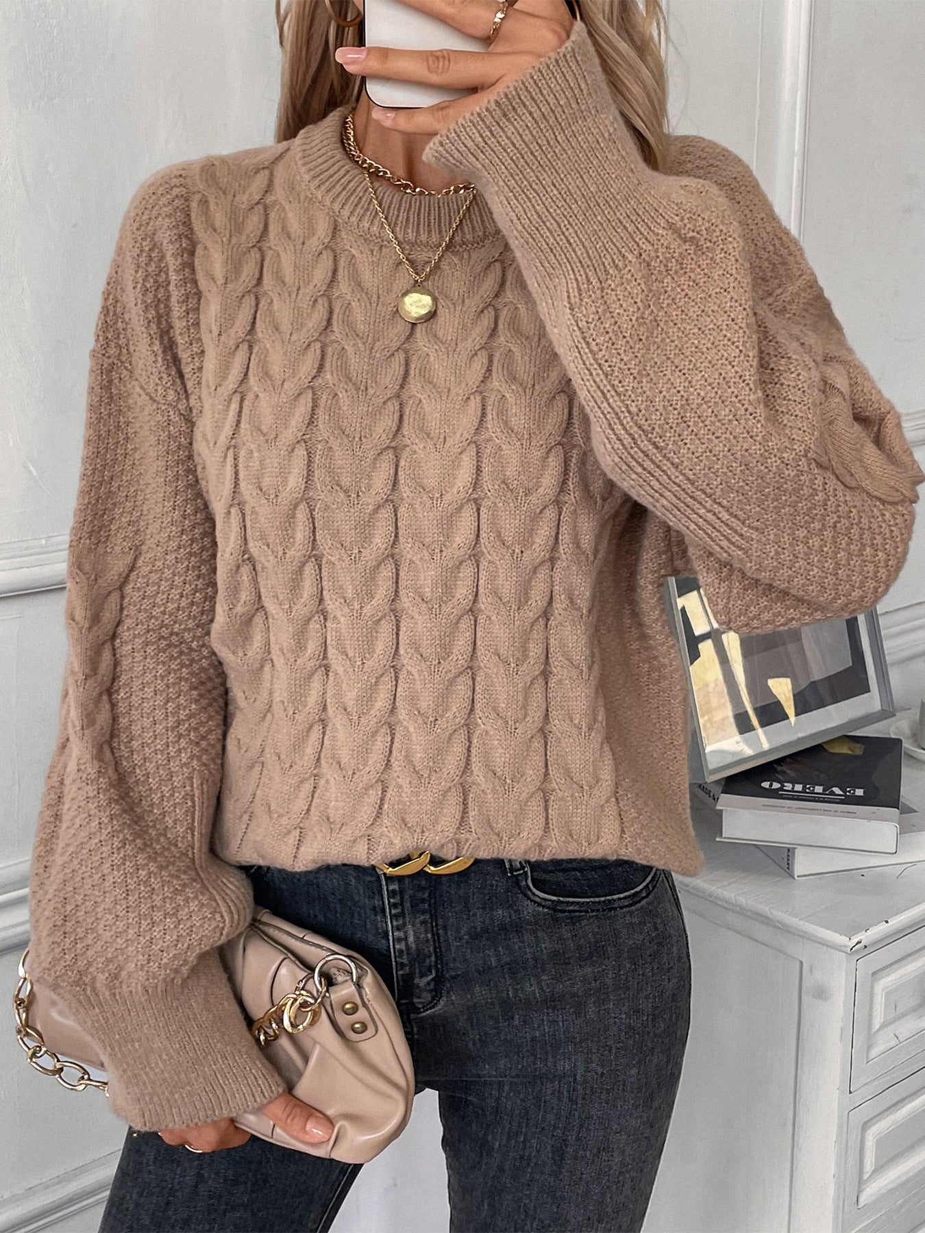 Oversized Knit Sweater Women's Loose Fit Crew Neck Solid Color Cable Knit Casual Outerwear Pullover