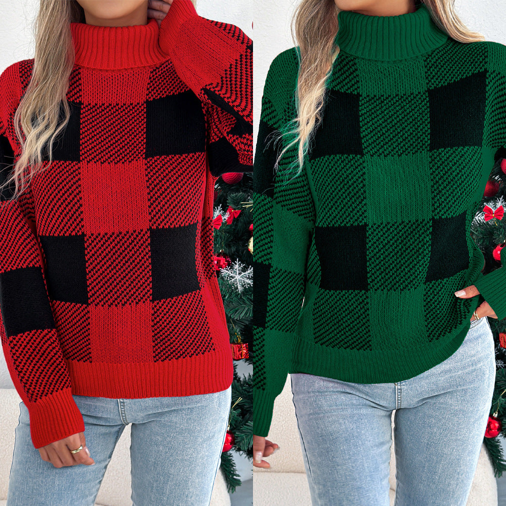 Casual color blocking checkered lantern long sleeved high necked sweater