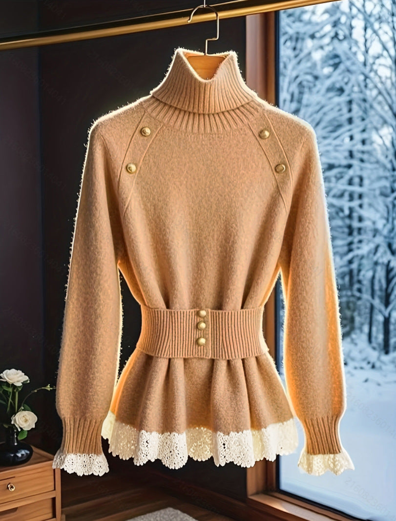 Lapel Warm Women's Sweater Elegant Lace Splicing Waistband Knitted Top