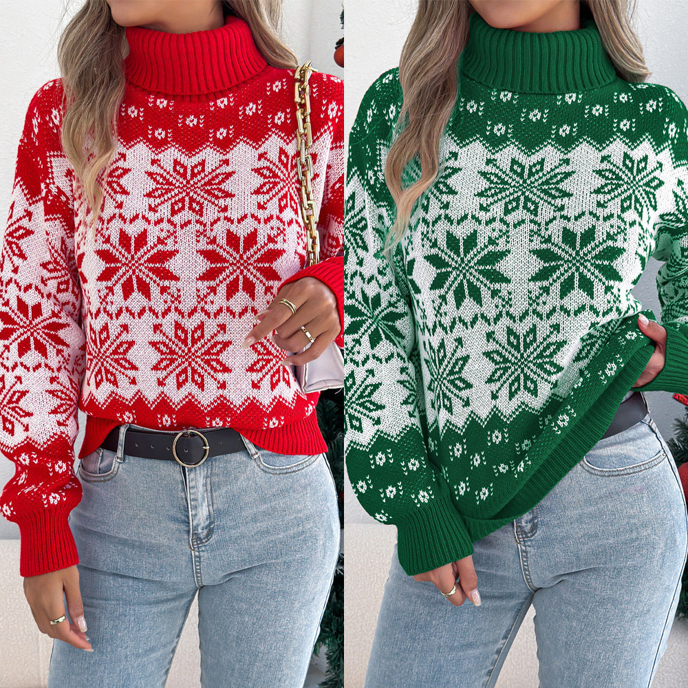Snowflake patterned lantern long sleeved high necked pullover sweater