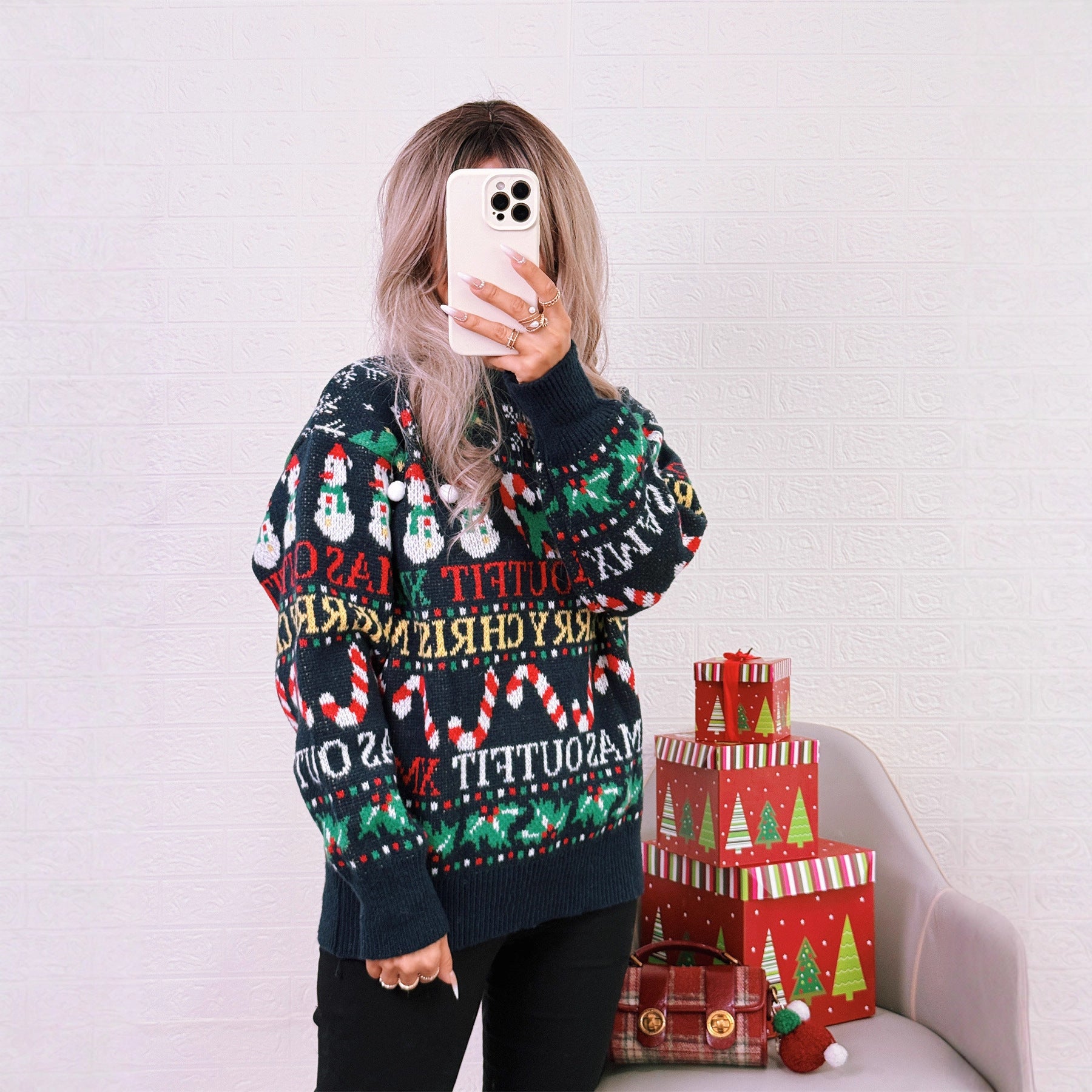Color blocking knitted top round neck casual retro loose long sleeved sweater for women