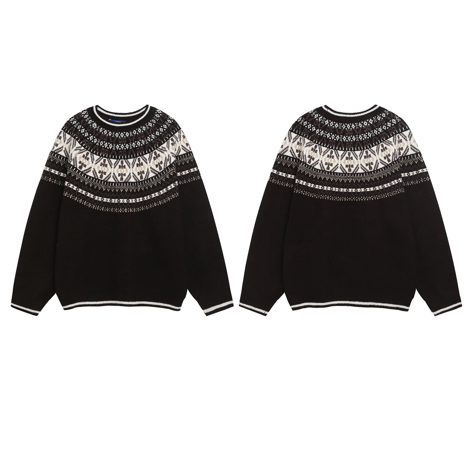 Retro Ethnic Style Jacquard Crew Neck Sweater Unisex Versatile Design Knitted Top
