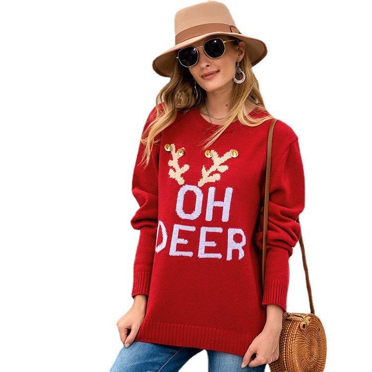 Knitted letter bell round neck Christmas casual sweater