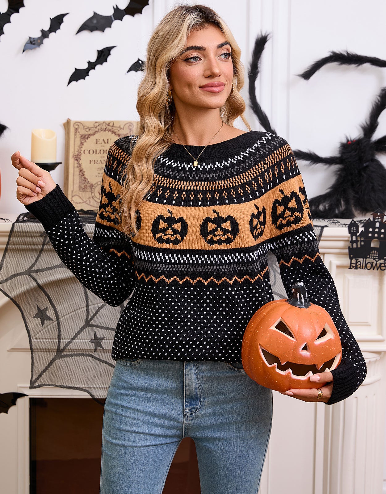 Halloween pumpkin embroidery retro polka dot long sleeved knitted sweater for women