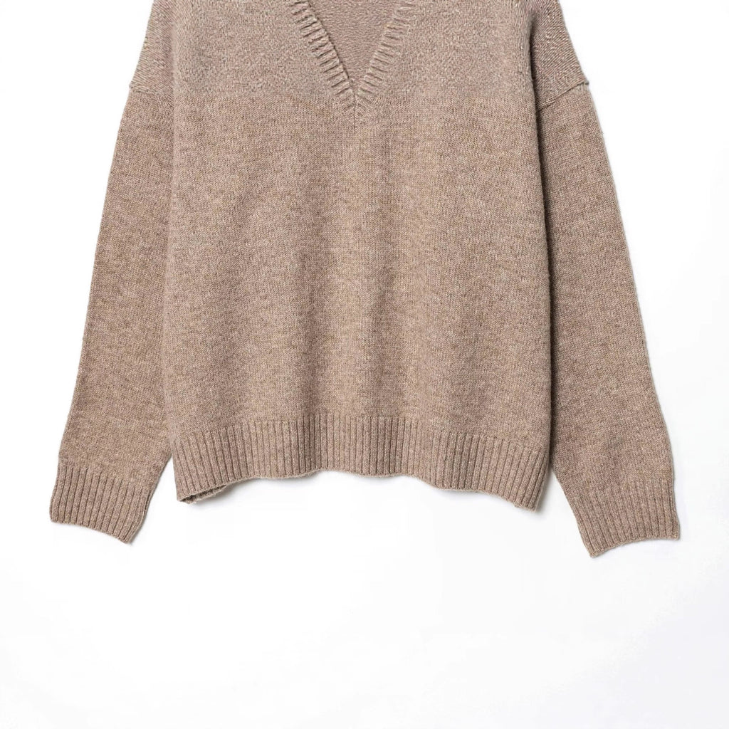 V-neck long sleeved solid color pullover knitted sweater for women