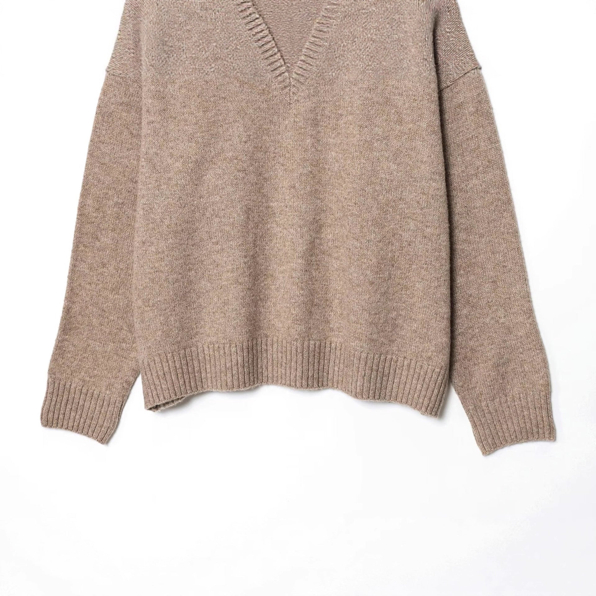 V-neck long sleeved solid color pullover knitted sweater for women