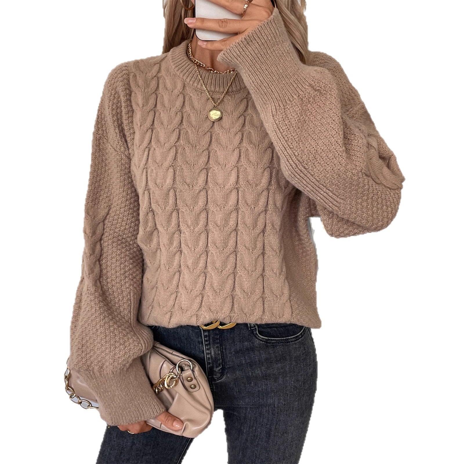 Oversized Knit Sweater Women's Loose Fit Crew Neck Solid Color Cable Knit Casual Outerwear Pullover