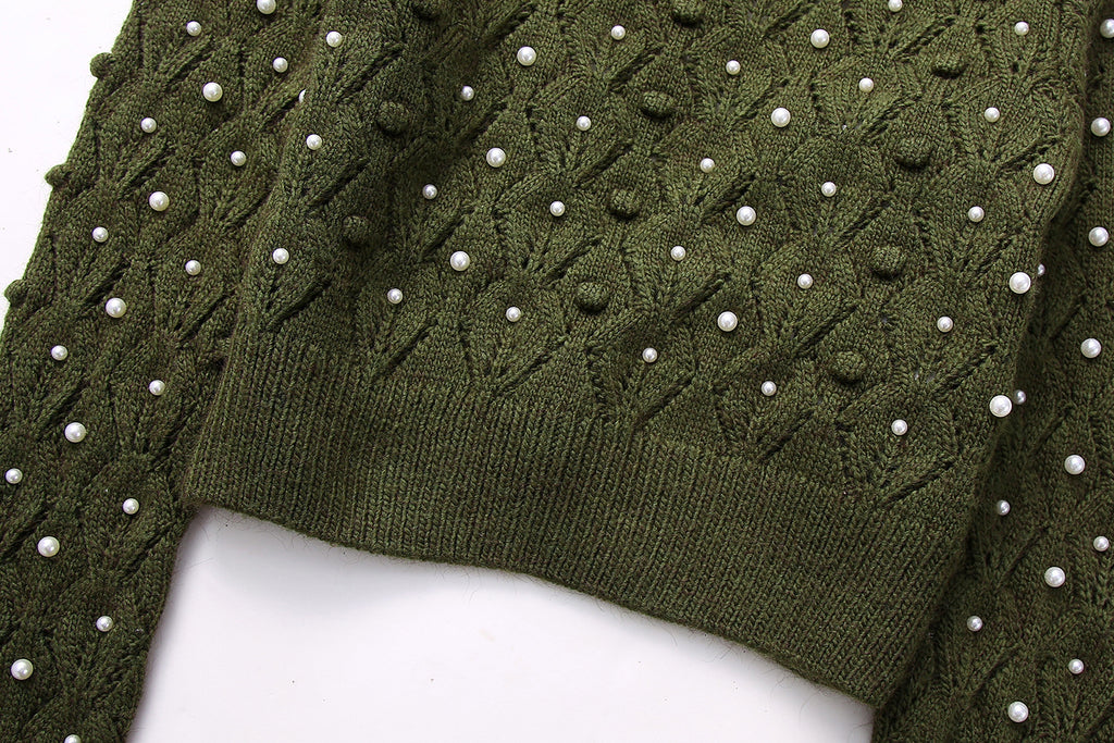 New Woman Long Sleeve Knitted Knitwears Pullover Backless Sweater Jumpers Top Faux Pearls Cropped Sweaters for Women