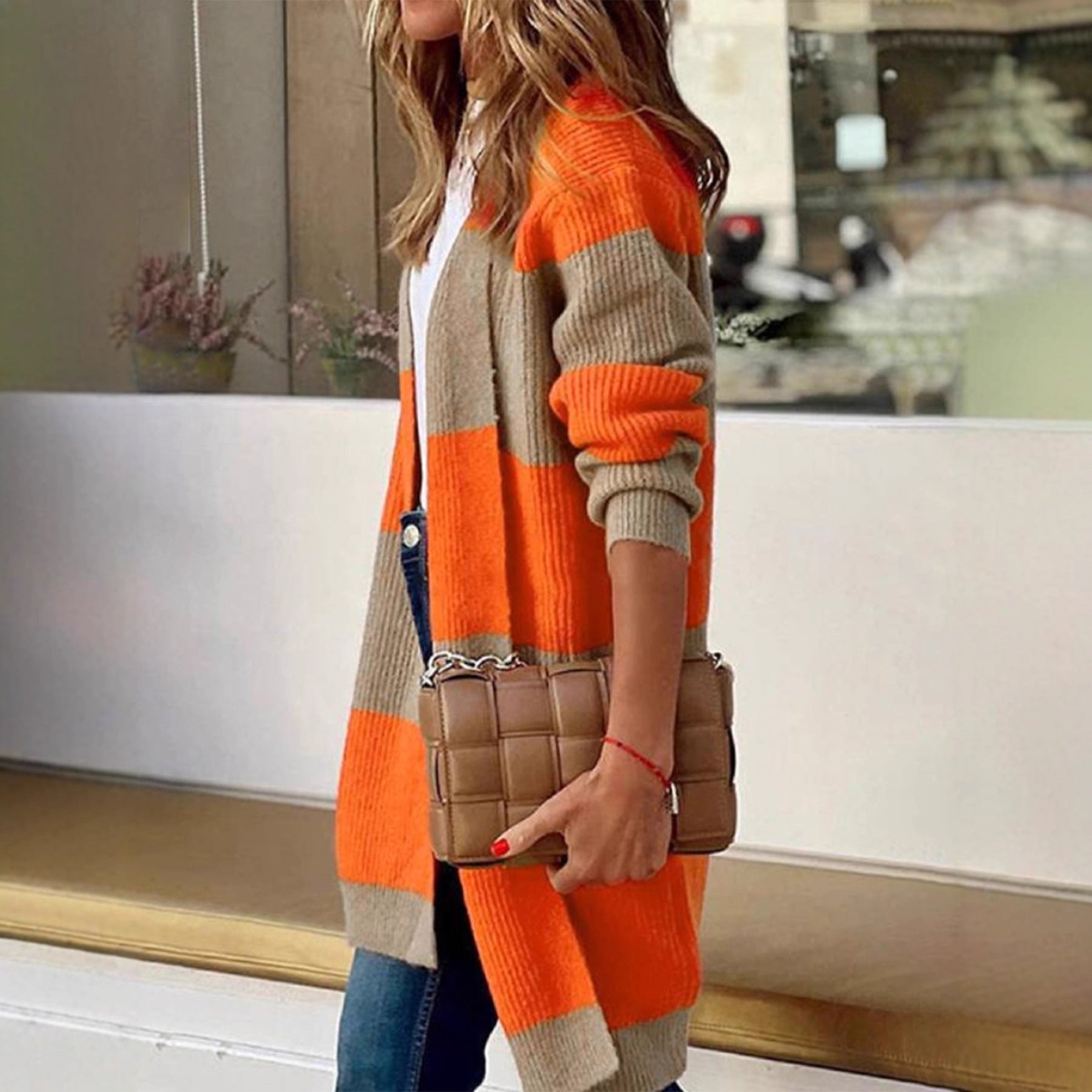 Color Block Striped Open-Front Sweater Women  Casual Mid-Length Drop Shoulder Knit Cardigan