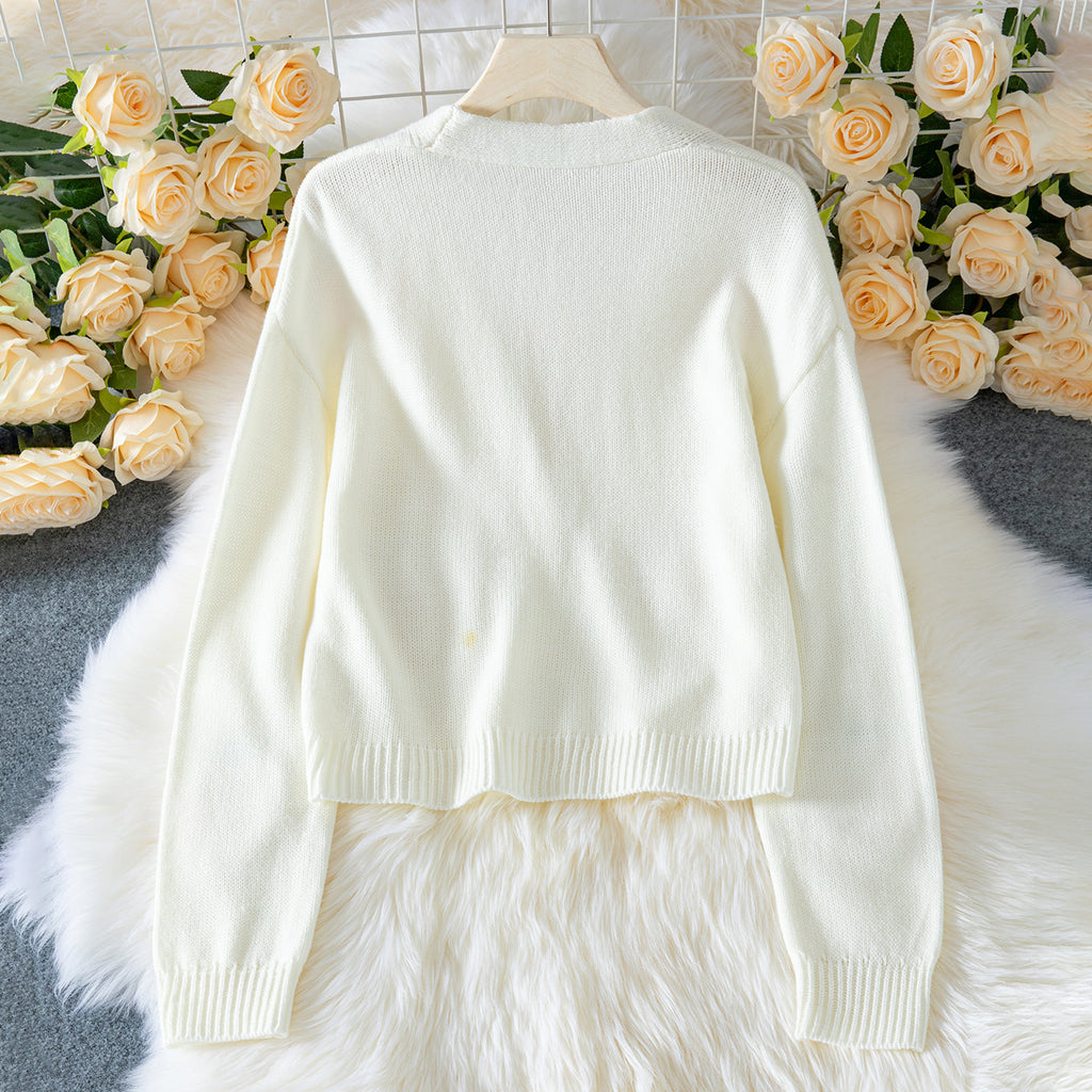 Women's Sweater Cardigan with Strawberry Pattern, Long Sleeve Knitted Top with Buttons