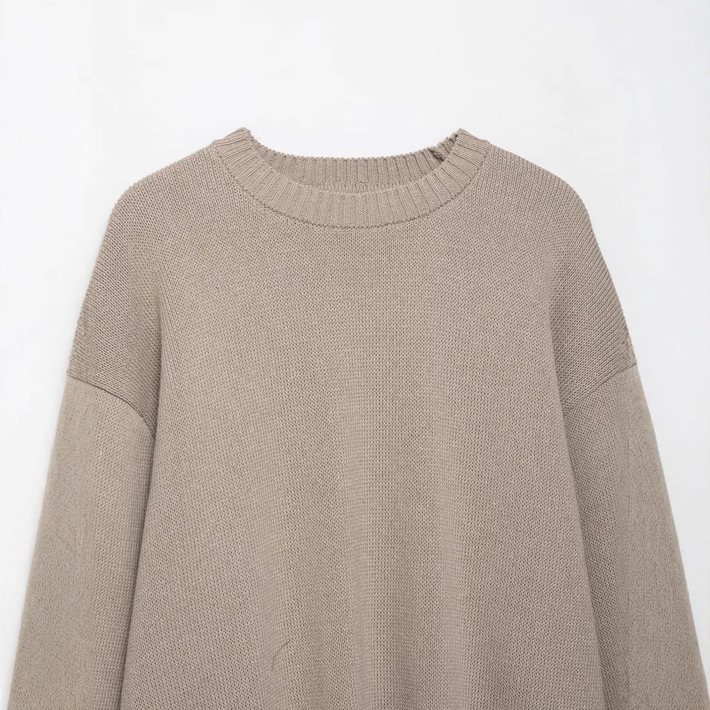 Long sleeved single breasted solid color pullover knitted sweater for women