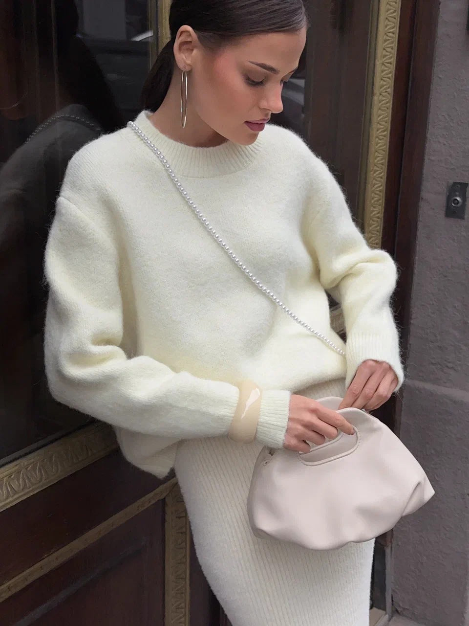 Lazy Style Short Grey Crew Neck Sweater Women Loose Long Alpaca Wool Knitted Sweater
